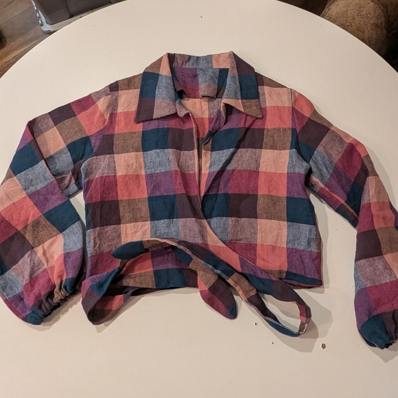 Handmade Saturday Set Plaid Tie-Front Top Merchant And Mills Fabric - Picture 2 of 4